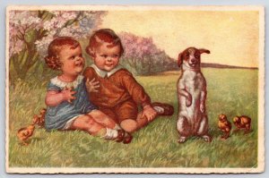 1910's Children With The Dog And Chicks At The Park Posted Postcard