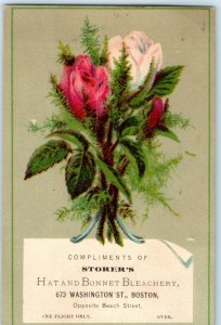 c1880s Boston, NY Storer's Hat Bonnet Bleachery Victorian Trade Card Flower C11