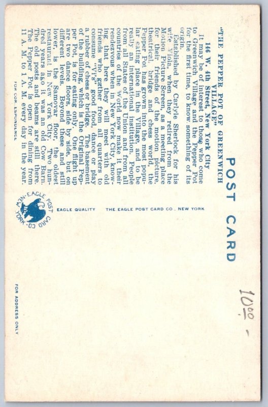 K43/ New York City Postcard c1920s Original Pepper Pot Restaurant 2View 125