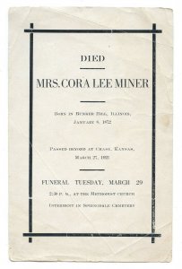 Mrs. Cora Lee Miner Chase Kansas Vintage March 27, 1921 Funeral Death Notice  