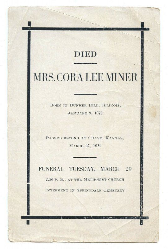 Mrs. Cora Lee Miner Chase Kansas Vintage March 27, 1921 Funeral Death Notice 