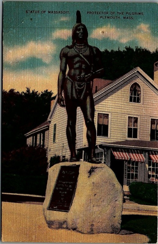 STATE OF MASSASOIT NATIVE, PLYMOUTH, MASS. LINEN POSTCARD 20-8