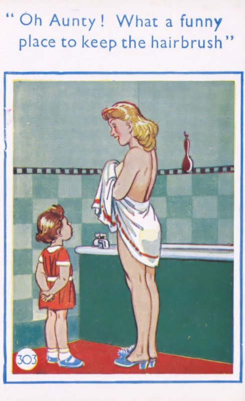 Hairbrush In Bathtub For Auntie As Bath Sex Toy Comic Postcard  