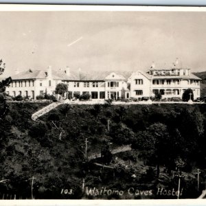 c1930s Waitomo Caves, NZ RPPC Hotel Hostel New Zealand Real Photo Cars Auto A168