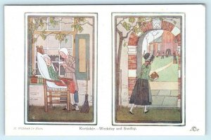 WILLEBEEK LE MAIR Artist Signed WEEKDAY & SUNDAY Dutch Nursery Rhyme Postcard