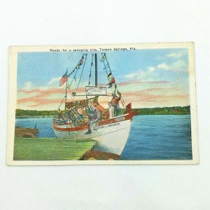 Vintage Postcard Ready for a Sponging Trip Tarpon Springs Florida Sail Boat