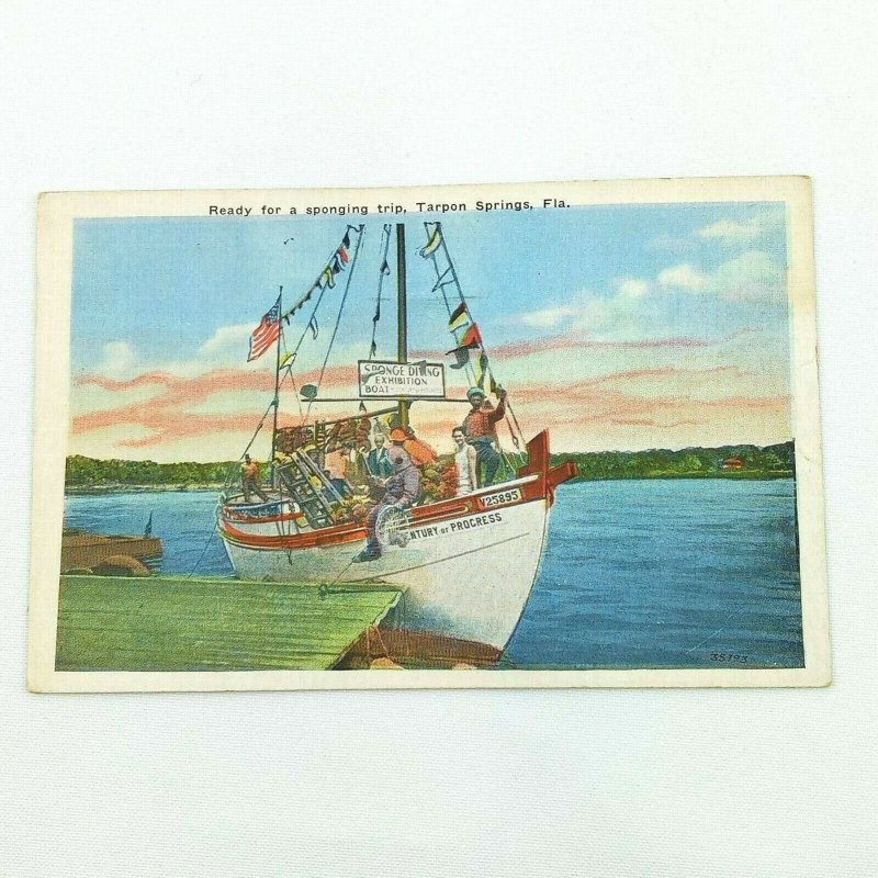 Vintage Postcard Ready for a Sponging Trip Tarpon Springs Florida Sail Boat