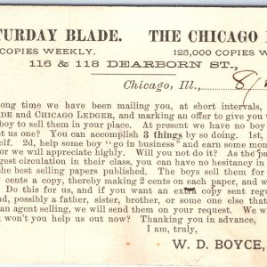 1891 Newspaper Paperboy Salesman Postcard Saturday Blade & Chicago Ledger IL A70