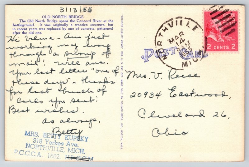 Concord MA~Old North Bridge Spans River At Battlegrounds~Vintage Linen Postcard