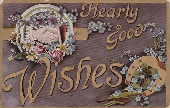 Flowers and Horseshoe With Holding Hands Hearty Good Wishes 1910