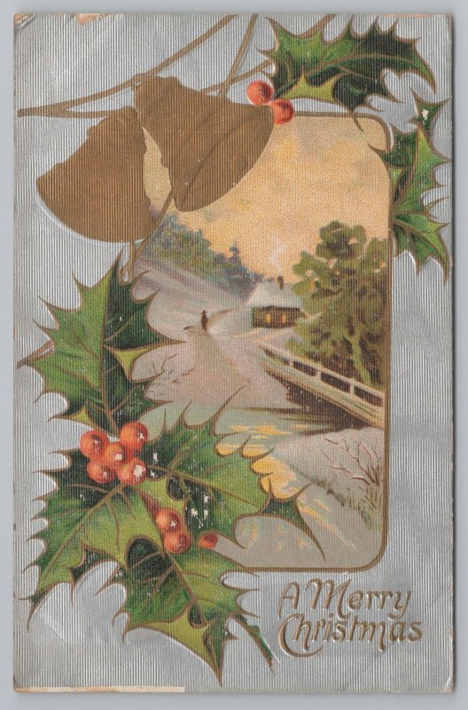 Christmas~Holly & Bells~Air View of Home Holiday Greeting~Vintage Postcard