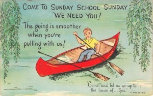 Come To Sunday School Canoe Micah 4:2 Christian Art c1940s Vintage Postcard