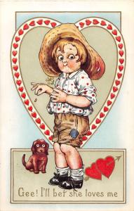 E67/ Valentine's Day Love Holiday Postcard c1910 Gassaway? Dog Boy Hat 14