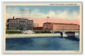 1949 View Of Library And Coliseum Des Moines Iowa IA Posted Vintage Postcard 