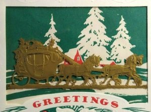 Mid Century Modern Horse & Carriage Christmas Greeting Card Clear Window Vintage