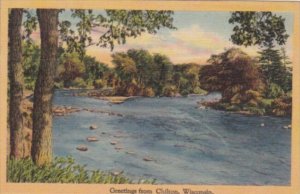 Wisconsin Greetings From Chilton With River Scene 1946