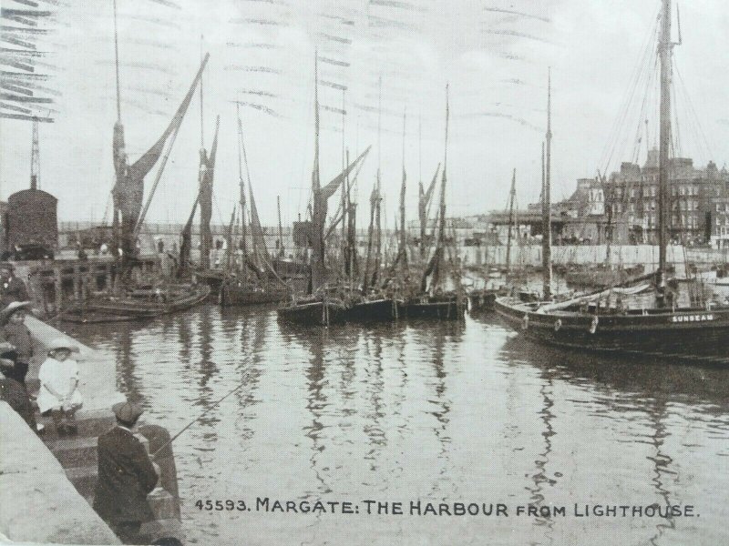 Man with Children Fishing From Harbour Steps Margate Kent Antique Postcard 1921