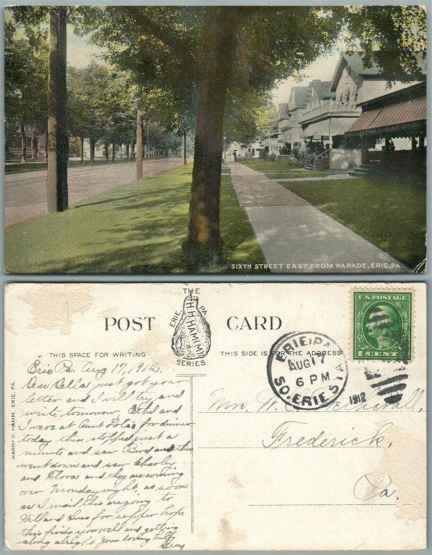 ERIE PA SIXTH STREET 1912 ANTIQUE POSTCARD w/ CORK CANCEL