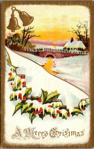 Vtg 1910s Merry Christmas Gold Gilt Bells Winter Cabin Scene Greetings Postcard