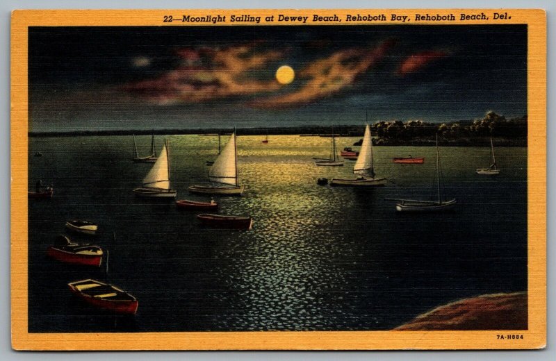 Postcard Rehoboth Beach DE c1937 Moonlight Sailing at Dewey Beach Rehoboth Bay