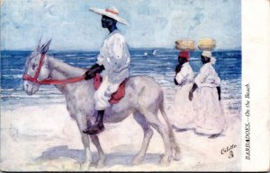 Postcard Barbadoes Tuck 7050 - On the beach - man on donkey women walking