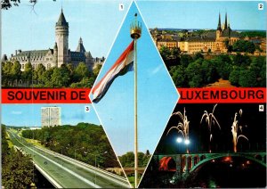 VINTAGE CONTINENTAL SIZE POSTCARD FOUR (4) VIEWS OF LUXEMBOURG WITH STAMPS 1970s