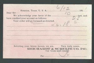 1911 PC Reichardt & Schulte Sells Seeds Bulbs & Poultry Houston Tx