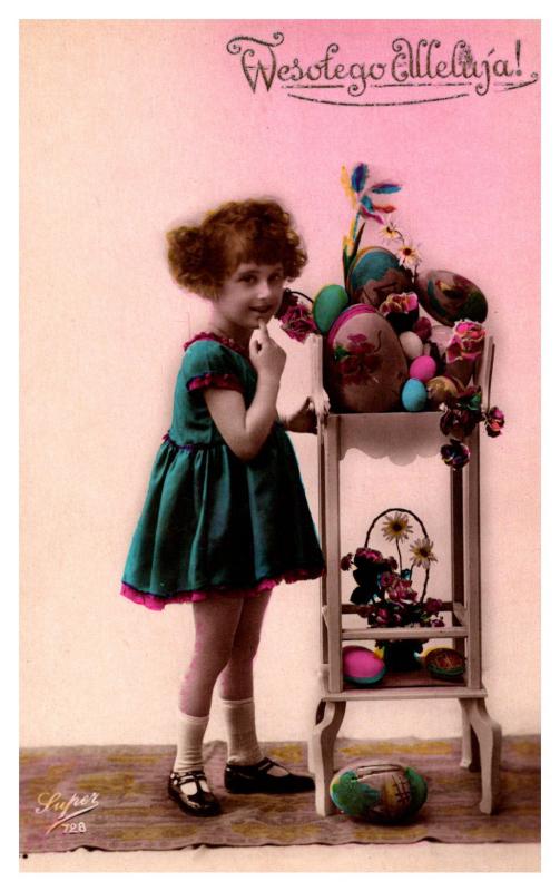 Easter , Young Girl , table of Eggs , hand Colored , RPC