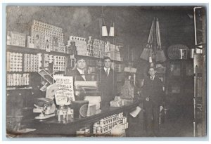 1910 Business Shop Interior View Cans Broom Workers Kent OH RPPC Photo Postcard 
