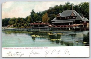 Boathouse & Rustic Bridge Norumbega Park Newton Massachusetts Amusement Postcard