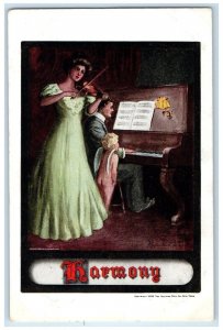 c1910's Pretty Woman Playing Violin Angel Pianist Harmony Antique Postcard