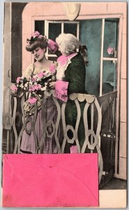 1908 Woman Portrait At Porch Pink Flower Hairdress Envelop Posted Postcard