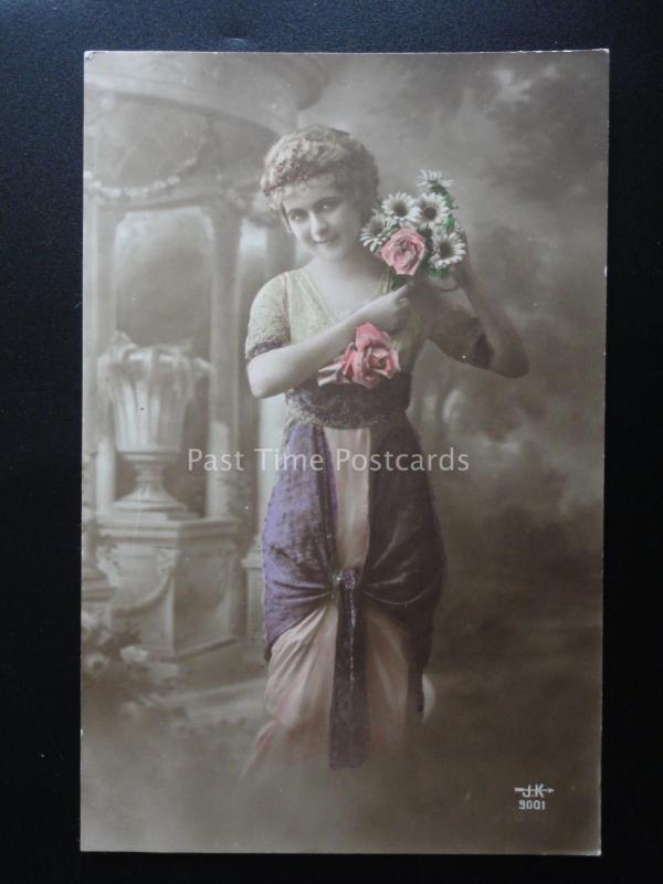 Greetings LADY with Bouquet of Flowers c1910 RP by J.K. 9001