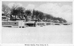 Fine View New York Winter Scene Boat Houses on Lake Postcard AA332