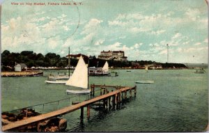 Fishers Island NY Hay Harbor sailboats pier c1910 vtg postcard