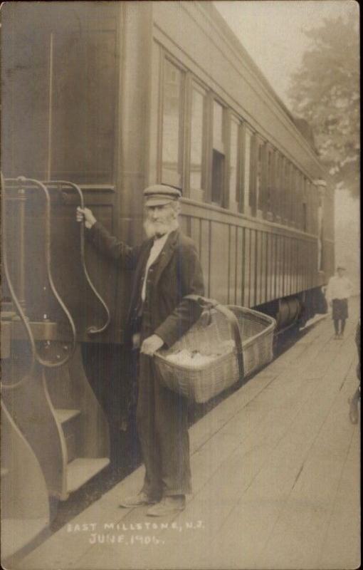 East Millstone NJ Old Man Boarding RR Train 1906 Real Photo Postcard