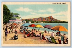 Waikiki Hawaii Postcard Beach Umbrella Swimsuit Exterior c1940 Vintage Antique