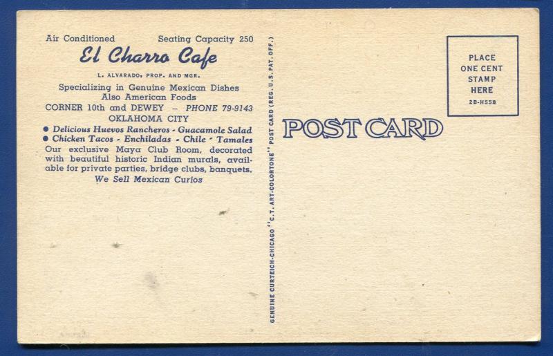 EL Charro Cafe on 10th & Dewey Oklahoma City ok linen postcard