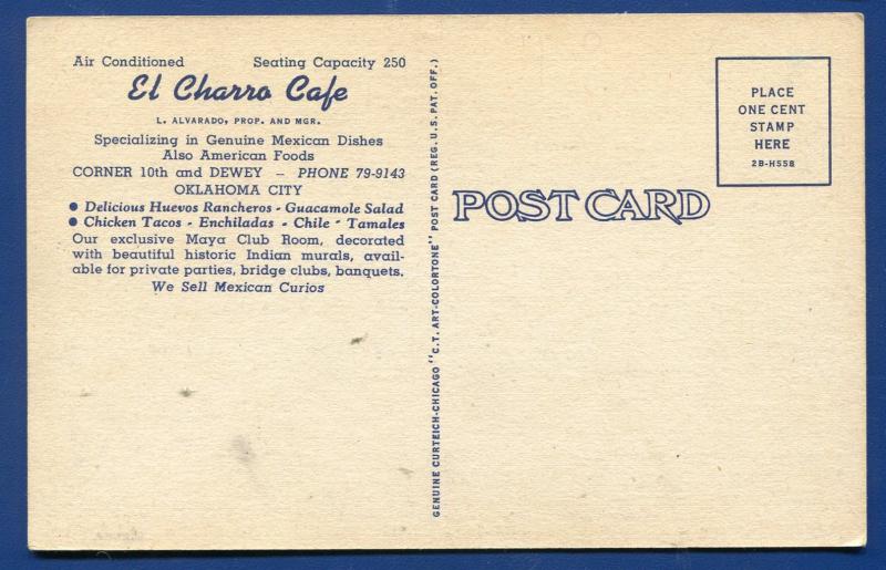 EL Charro Cafe on 10th & Dewey Oklahoma City ok llinen postcard