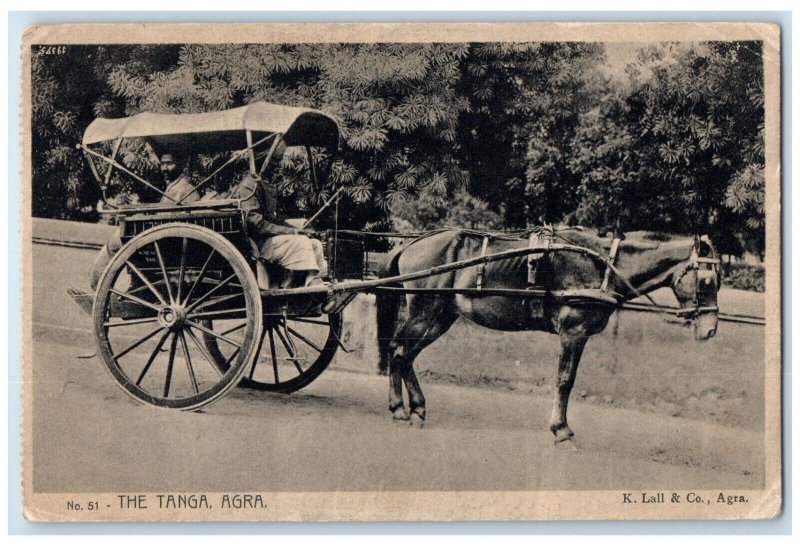 c1910 Two Men Riding Horse Carriage The Tanga Agra India Antique Postcard