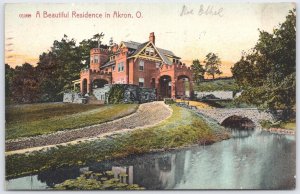 1909 Akron Ohio Beautiful Residence Mansion Estate Stone Bridge Postcard