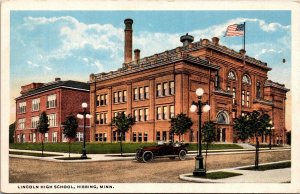 Postcard MN Hibbing Lincoln High School Street Lamp American Flag 1920s S110