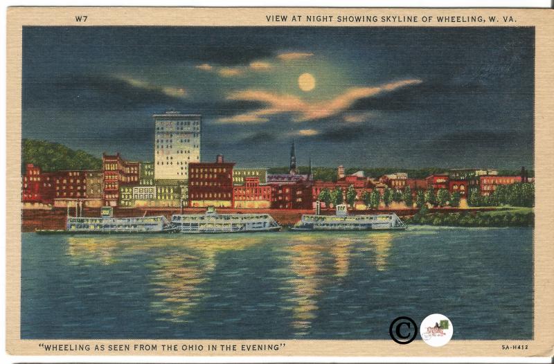 Vintage Postcard Night Scene Moon over Skyline of Wheeling West Virginia Linen