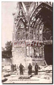 Old Postcard La Cathedrale Reims after the bombing Army Soldiers