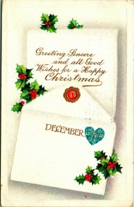 Christmas Greetings Sincere Holly Envelope Letter Embossed Postcard BB London