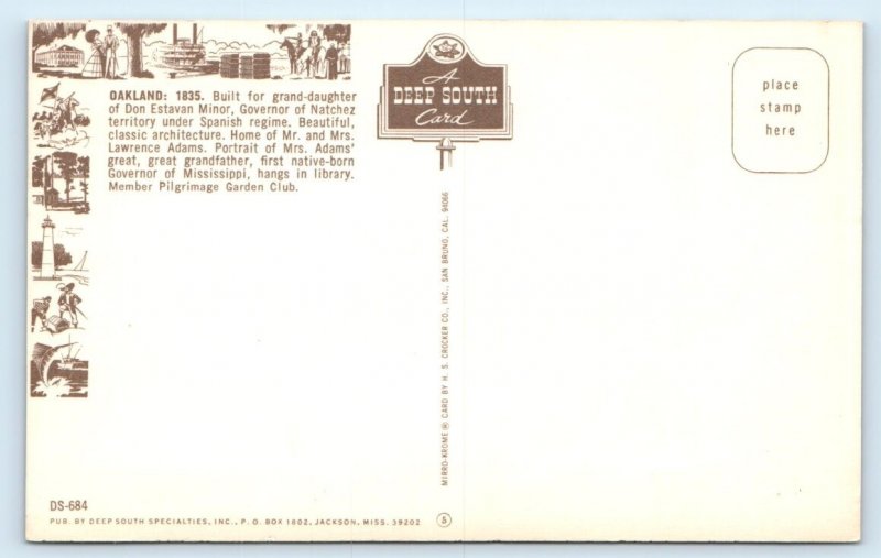 Oakland 1835 - Natchez, Mississippi Postcard
