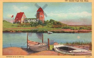 Vintage Postcard Quaint Cape Cod Massachusetts Row Boat & Windmill Herring River