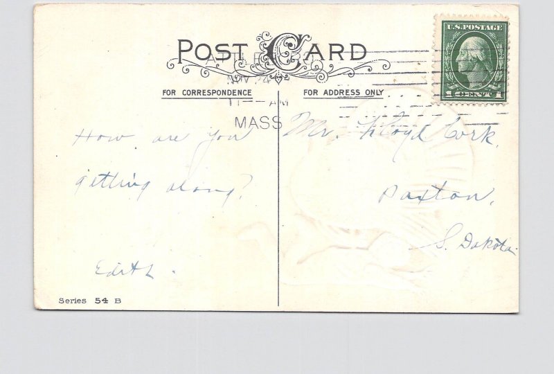 PPC POSTCARD THANKSGIVING GREETINGS TURKEY STANDING ON BOY IN RED SHIRT EMBOSSED