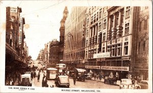 RPPC Postcard Bourke Street Melbourne Australia The Rose Series Shops Old Cars