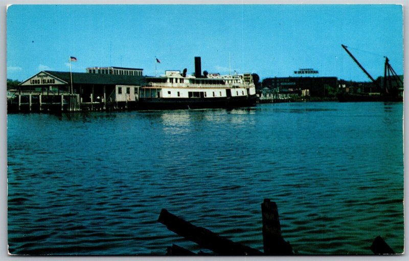 Vtg Bridgeport Connecticut CT Port Jefferson Ferry Boat about to dock Postcard